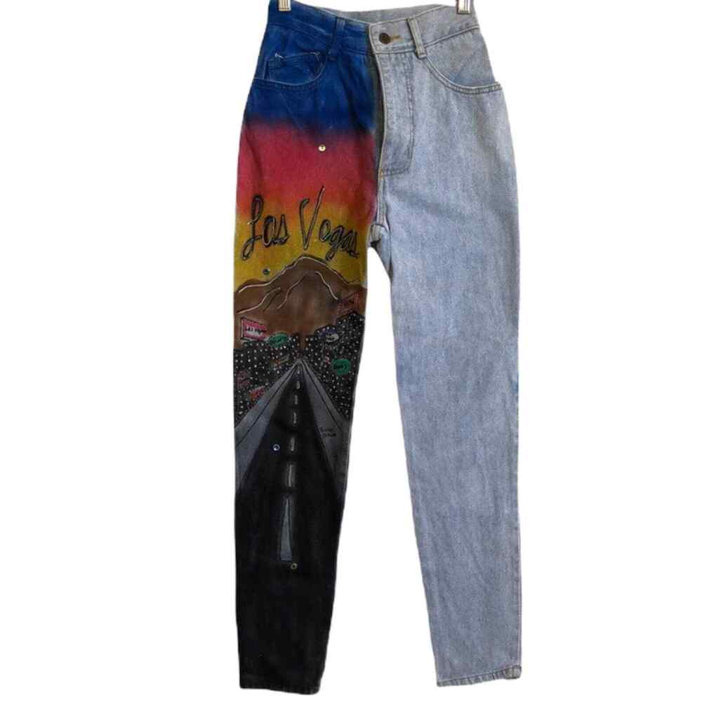 Vintage 90’s Y2K Las Vegas painted high rise PUSSHH design Unique Rare JEANS